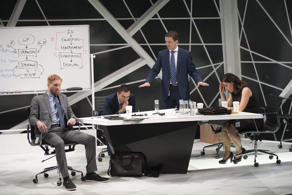 From left, Ed Hoopman, Matt Ketai, Lewis D. Wheeler and Christina Hamel in "Ideation." (Courtesy Andrew Brilliant/New Repertory Theatre)