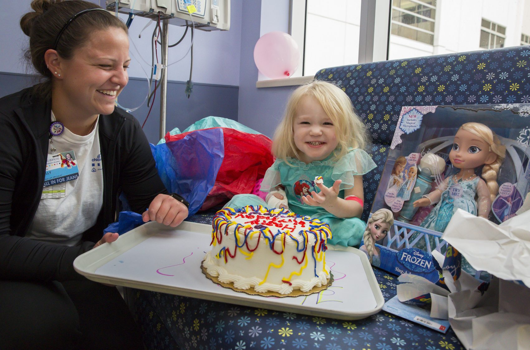 Child life specialist Kelly Boyd, left, at Willow's third birthday party during Hurricane Irma (Courtesy of Johns Hopkins All Children's Hospital)