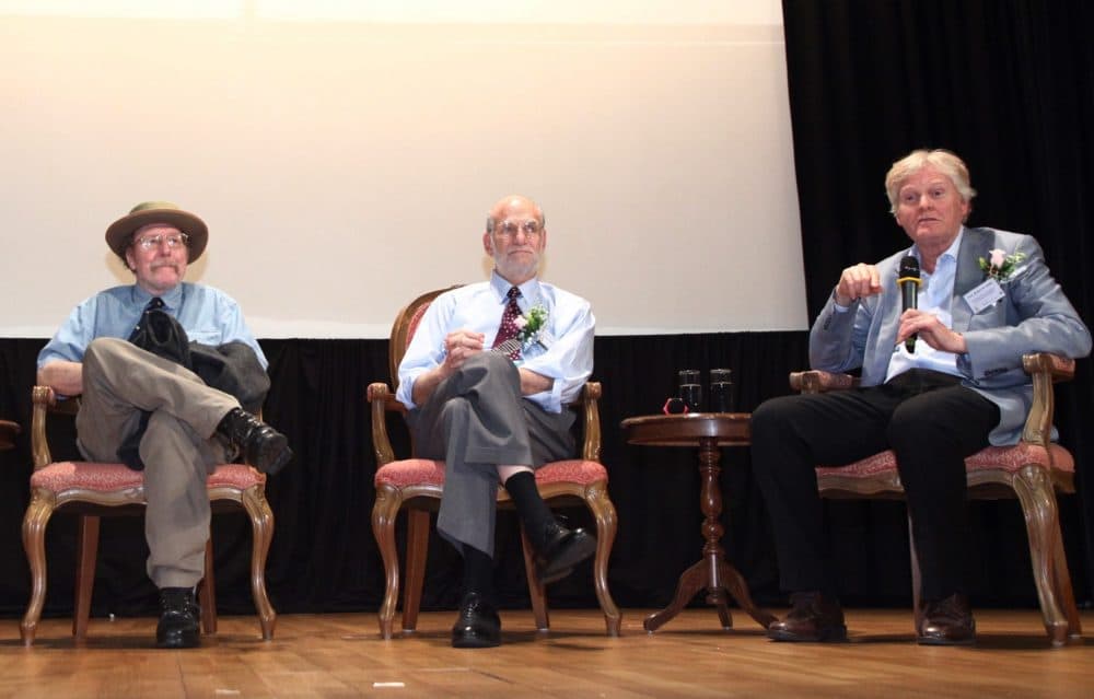 In this Sept. 24, 2013 photo provided by The Chinese University of Hong Kong, Michael W. Young, right, speaks during a lecture at Shaw College of The Chinese University of Hong Kong in Hong Kong with Jeffrey C. Hall, left, and Michael Rosbash. The three Americans won the Nobel Prize in Physiology or Medicine on Monday, Oct. 2, 2017, for their discoveries about the body's daily rhythms, opening up whole new fields of research and raising awareness about the importance of getting proper sleep. (The Chinese University of Hong Kong via AP)