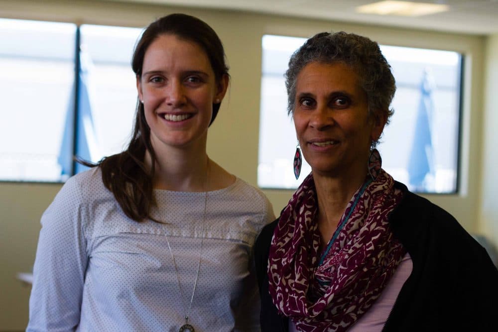 Hannah Lyons-Galante, left, was part of the Cambridge Boy Scout troop Dr. Michelle Holmes, right, helps lead. The troop started allowing girls in 2003. (Elizabeth Gillis/WBUR)