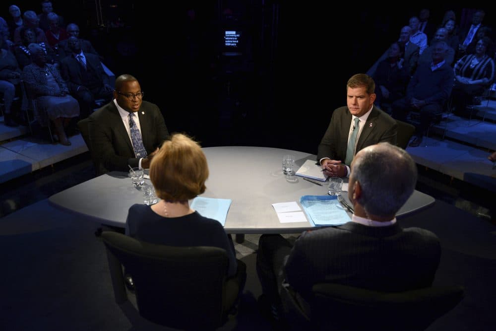 Boston Mayor Marty Walsh, top right, and City Councilor Tito Jackson, top left, participate in a mayoral debate in Boston, Tuesday, Oct. 24, 2017. (Meredith Nierman/WGBH News via AP, Pool)