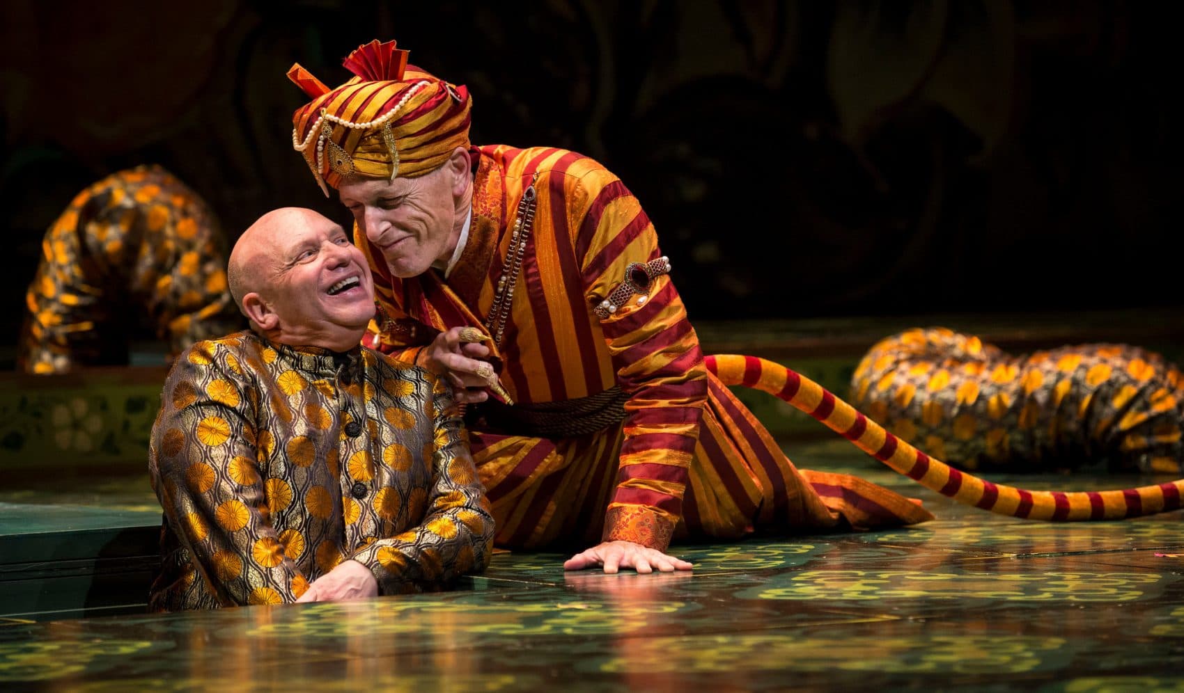 Thomas Derrah (left) as Kaa, the python, in the Huntington Theatre Company's 2013 production of "The Jungle Book." (Courtesy of Liz Lauren)