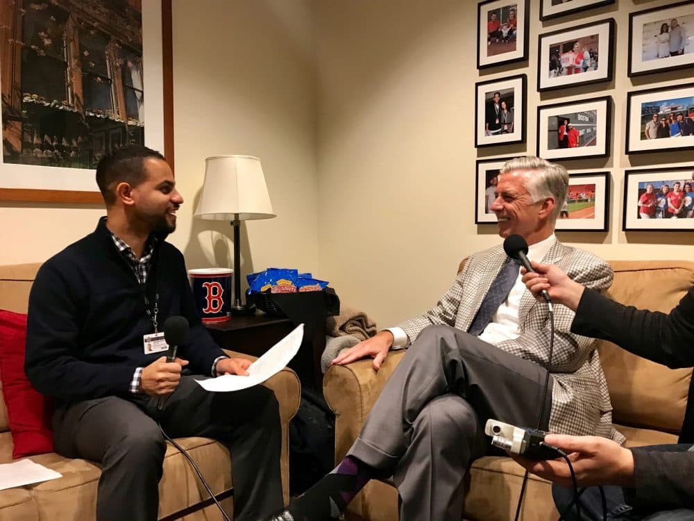 Chris Gasper (left), host of Season Ticket, sits down with Dave Dombrowski (right), Red Sox President of Baseball Operations.