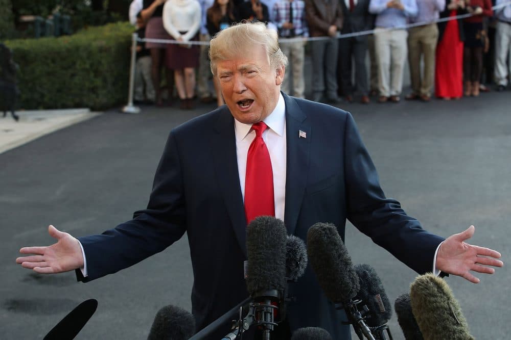President Trump talks to the media before he and first lady Melania Trump depart on Marine One on Nov. 3, 2017 in Washington, D.C. Trump is embarking on a five-country tour throughout Asia. (Mark Wilson/Getty Images)