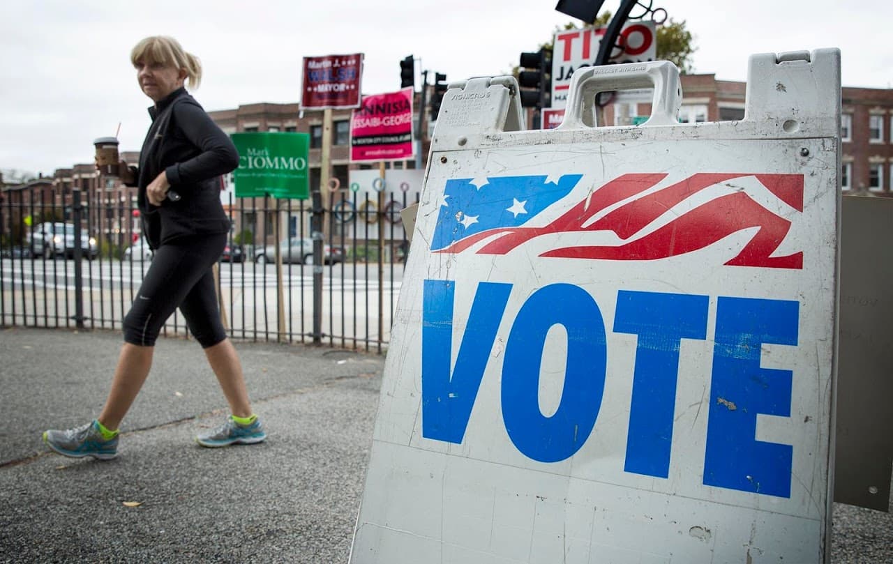 A voter enters a polling center on Chestnut Hill Avenue in Boston. (Robin Lubbock/WBUR)