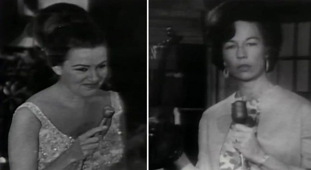 Frances Preston (left) interviews people during the opening night of the Country Music Hall Of Fame and Museum, 1967. Jo Walker holds a fiddle in front of the museum's original artifacts case. (Courtesy Country Music Hall of Fame and Museum)
