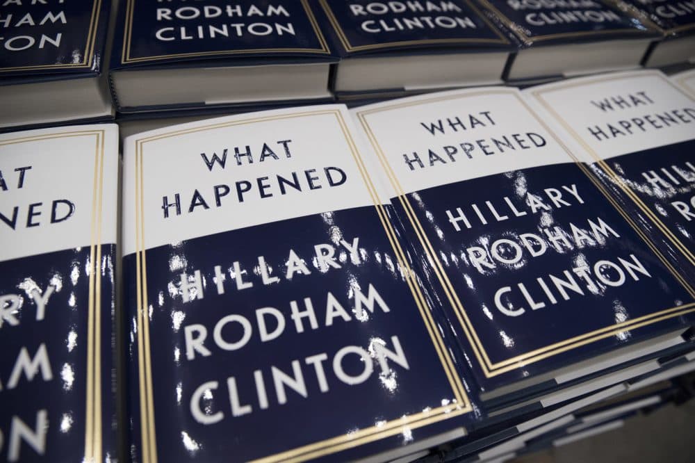 A box of Hillary Clinton's book "What Happened" are staged to be distributed outside the Warner Theatre in Washington, Monday, Sept. 18, 2017, as Clinton participates in a book tour event hosted by the Politics and Prose Bookstore. Clinton was in Boston Tuesday night on her book tour. (Carolyn Kaster/AP)