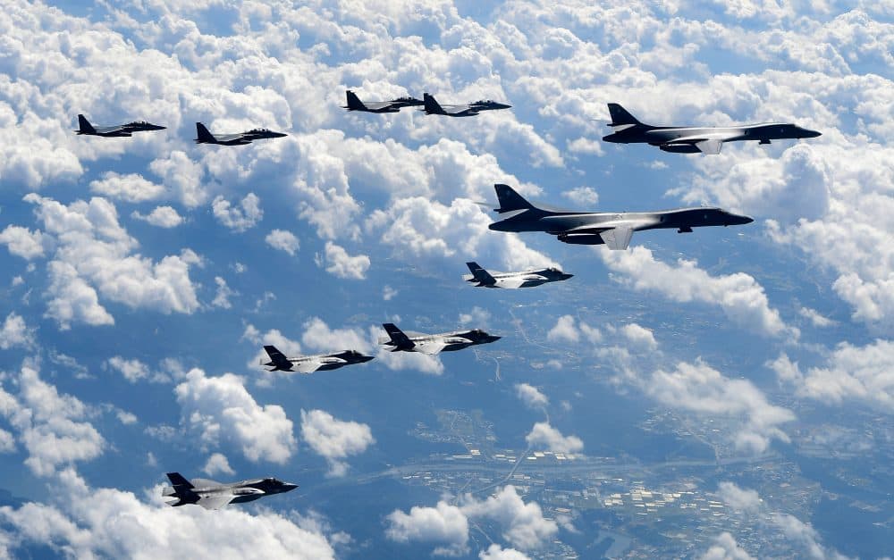In this handout image provided by South Korean Defense Ministry, U.S. Air Force B-1B Lancer bombers flying with F-35B fighter jets and South Korean Air Force F-15K fighter jets during a training at the Pilsung Firing Range on Sept. 18, 2017 in Gangwon-do, South Korea. (South Korean Defense Ministry via Getty Images)