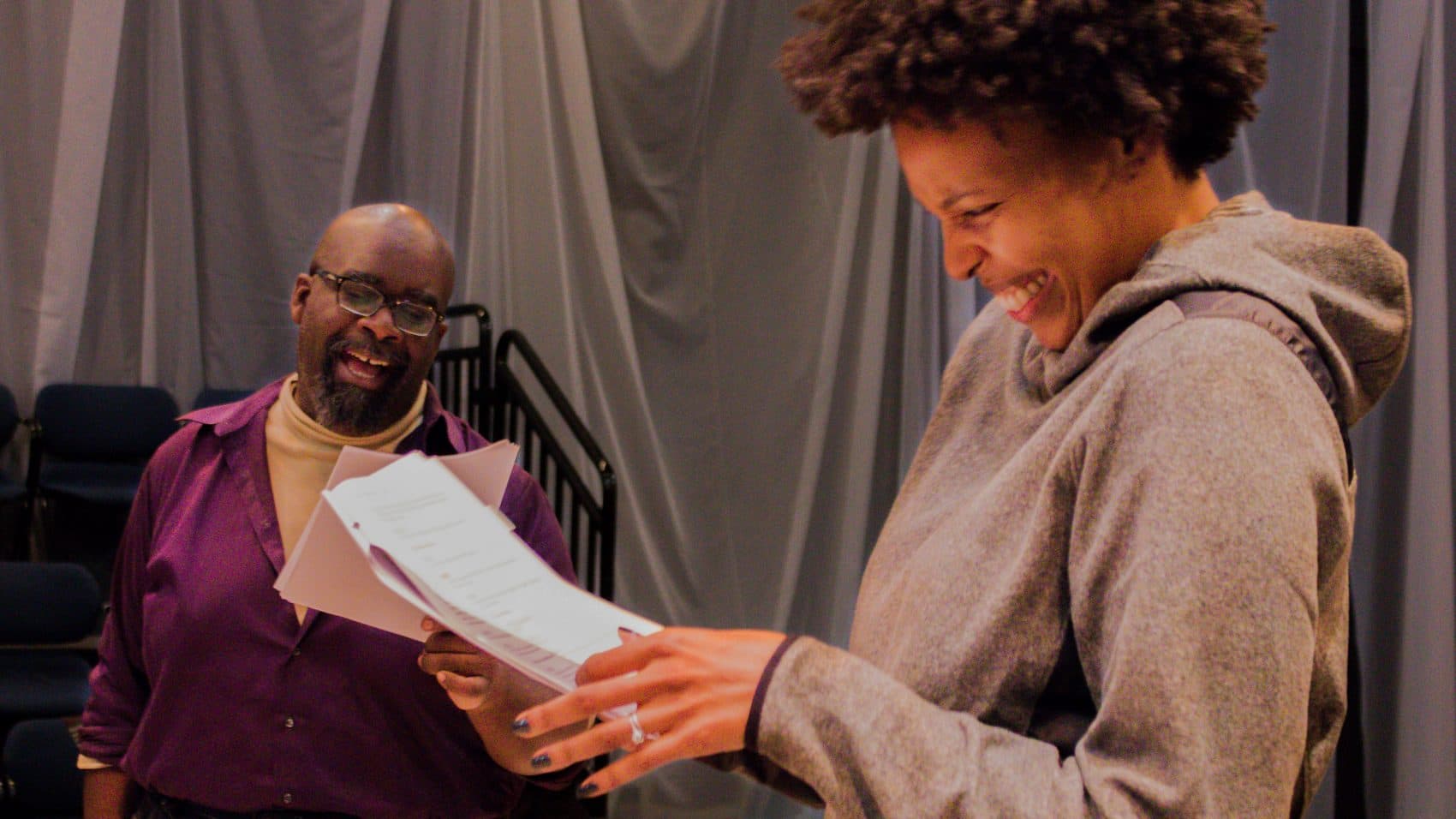 Actors Cliff Odle and Miranda Adekoje practice for Front Porch Collective's staged reading of "Black Ulysses." (Courtesy Front Porch Arts Collective)
