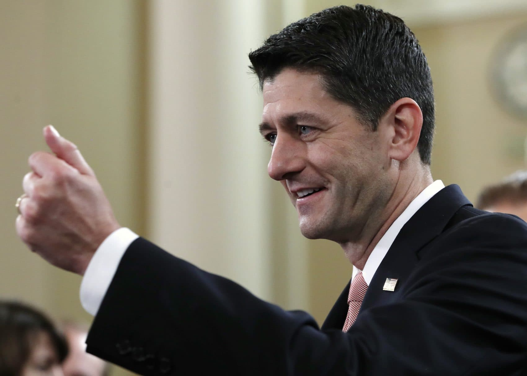 House Speaker Paul Ryan of Wis., smiles during a news conference announcing GOP tax legislation. (Jacquelyn Martin/AP)