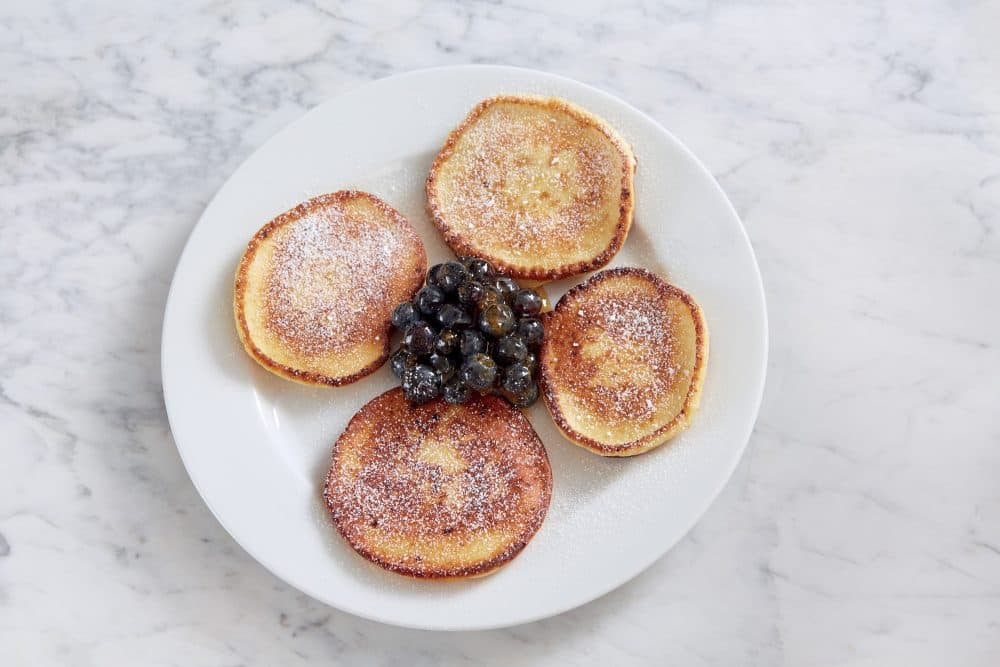 Cottage cheese pancakes with blueberries from "A Grandfather's Lessons: In the Kitchen with Shorey." (Courtesy, Tom Hopkins)