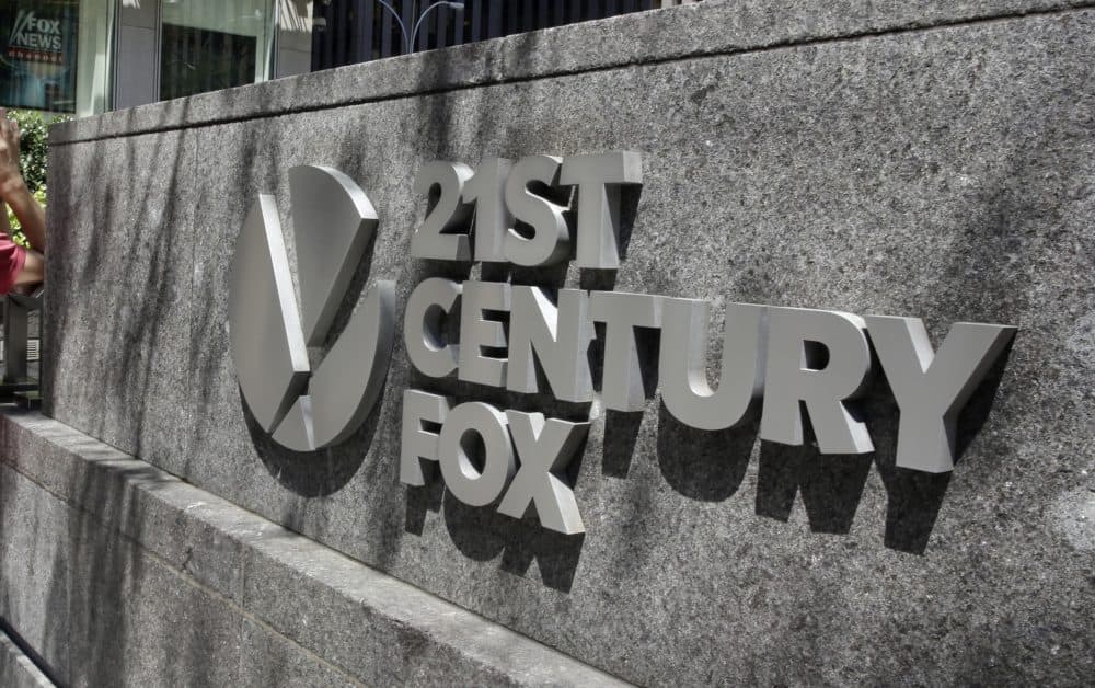 This Aug. 1, 2017, photo shows the 21st Century Fox sign outside of the News Corporation headquarters building in New York. (Richard Drew/AP)