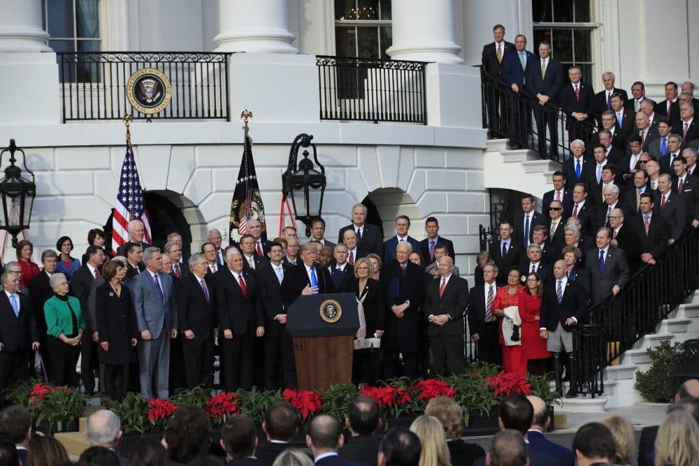 President Donald Trump joined by Vice President Mike Pence, House Speaker Paul Ryan of Wis., Senate Majority Leader Mitch McConnell of Ky., and other Republican lawmakers speaks during a passage of the tax bill event on the South Lawn at the White House in Washington, Wednesday, Dec. 20, 2017. (Manuel Balce Ceneta/AP)