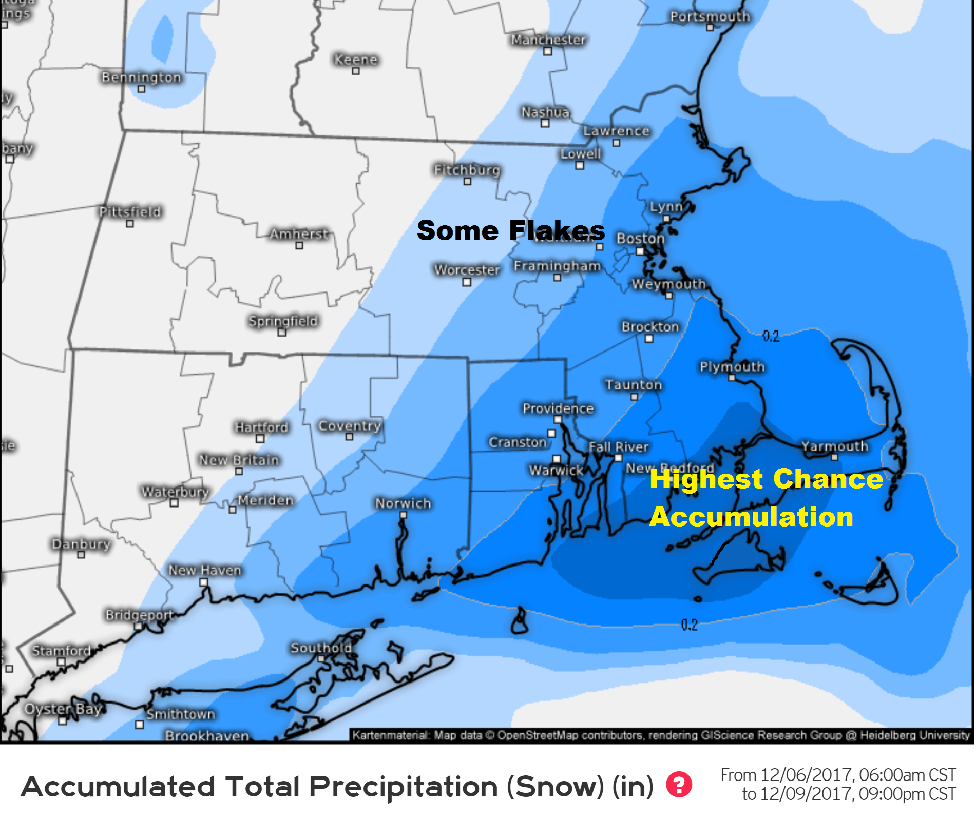   The best chance of snow is over southeastern Mbadachusetts until early Saturday night. (Dave Epstein / WBUR) 
