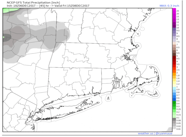   The precipitation will move north and west of the ocean later on Saturday afternoon. (Courtesy of WeatherModels) 
