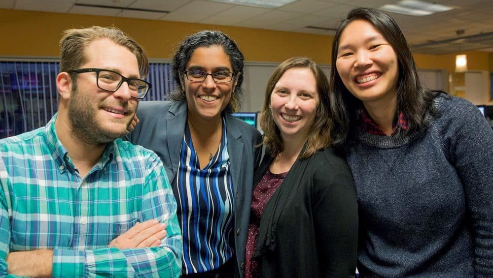 The producers and host of Radio Boston: Jamie Bologna, Meghna Chakrabarti, Kathleen McNerney and Alison Bruzek in December 2017 (Robin Lubbock/WBUR)