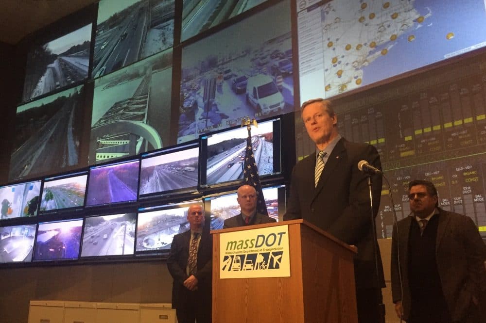 Gov. Charlie Baker said the biggest challenge on roadways will be keeping up with snowfall "when it's coming down at three inches an hour...even if the DOT has fully deployed all of its road crews." (Andy Metzger/SHNS)