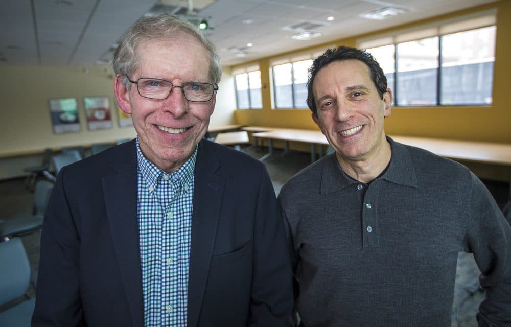 (Left) Dave deBronkart, better known as "e-patient Dave," and Dr. Danny Sands, of Beth Israel Deaconess Medical Center, are co-founders of the Society for Participatory Medicine. (Jesse Costa/WBUR)
