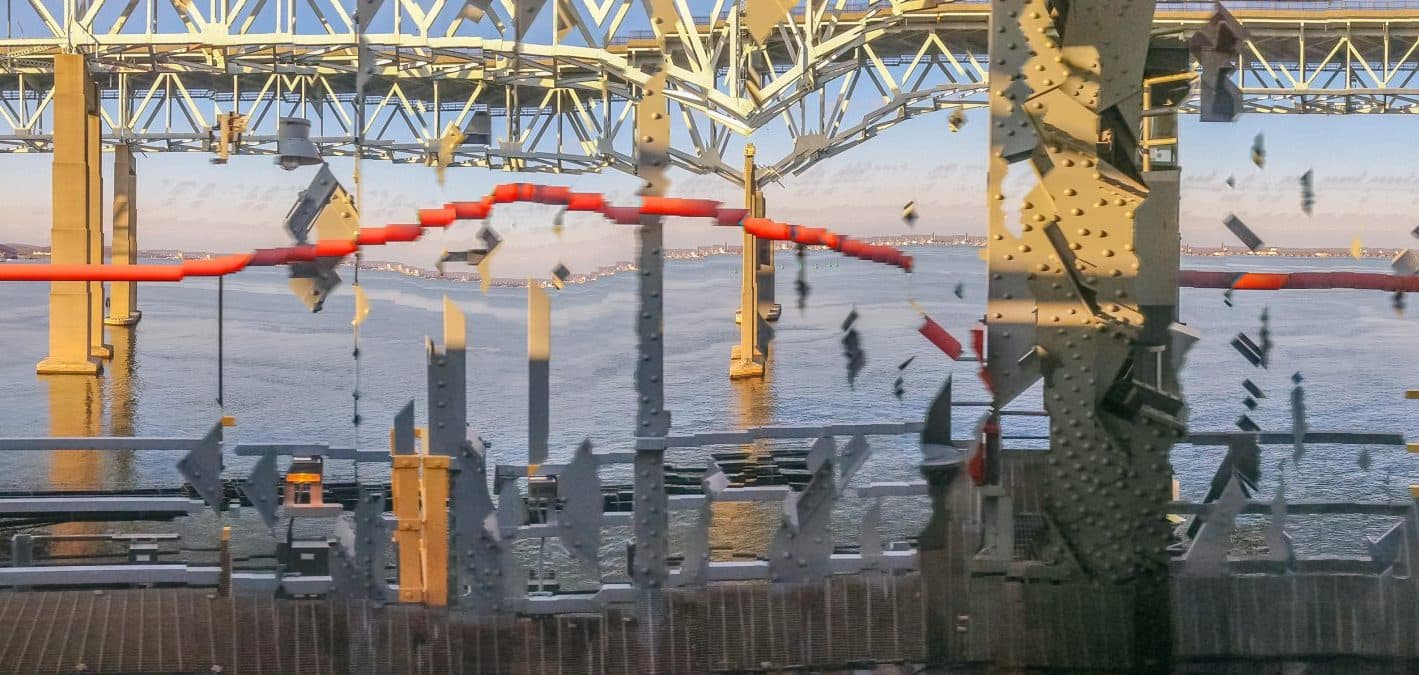 One of the Purcells' first images from a train, this photograph was taken of the highway and railroad bridges over an estuary in Connecticut in 2014. (Courtesy Rosamond and Dennis Purcell)