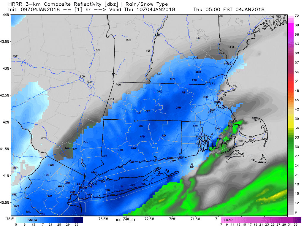 The high resolution model shows the snowfall this evening before midnight.  (Courtesy of WeatherBell Analytics)