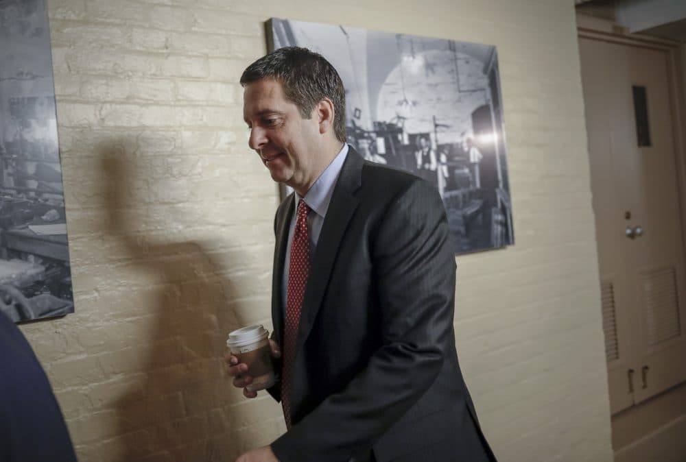House Intelligence Committee Chairman Devin Nunes, R-Calif., a close ally of President Trump who has become a fierce critic of the FBI and the Justice Department, strides to a GOP conference at the Capitol in Washington, Tuesday, Jan. 30, 2018. House Speaker Paul Ryan is defending a vote by Republicans on the House intelligence committee to release a classified memo on the Russia investigation. (J. Scott Applewhite/AP)