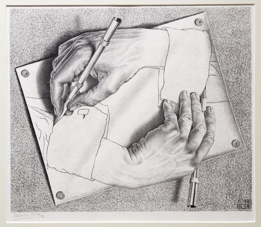 Maurits Cornelis Escher, "Drawing Hands," 1948. (Robin Lubbock/WBUR)