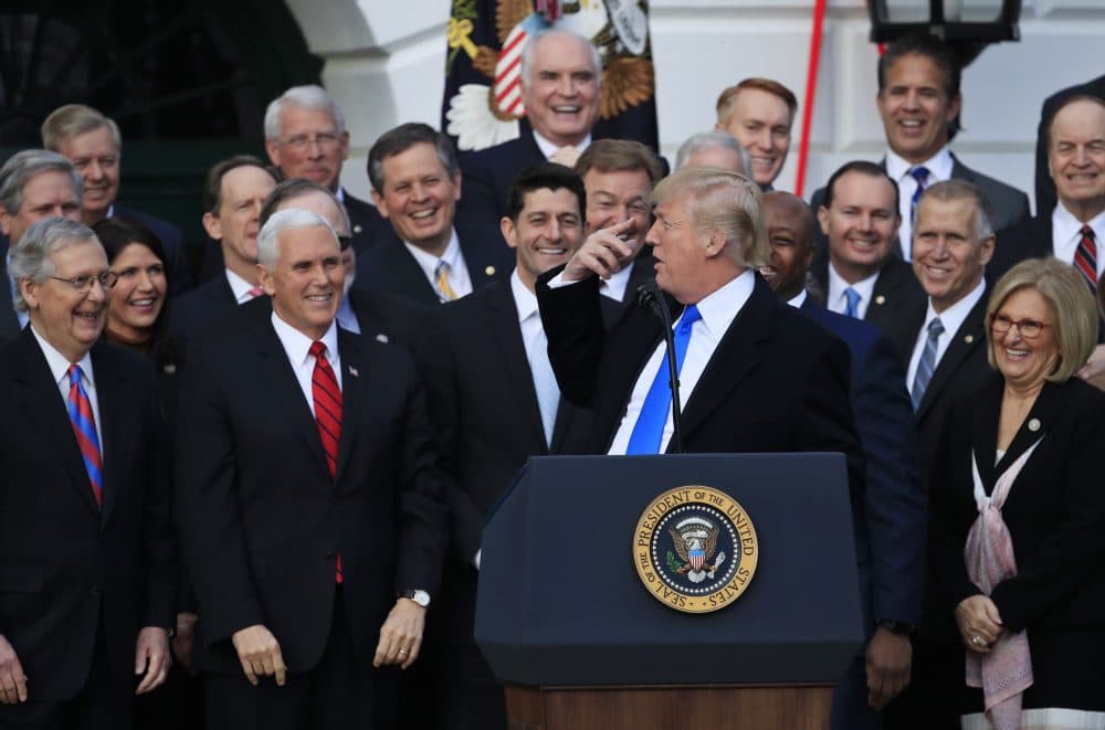 From left, Senate Majority Leader Mitch McConnell of Ky., Vice President Mike Pence, House Speaker Paul Ryan of Wis., and Republican lawmakers, react as President Donald Trump speaks (Manuel Balce Ceneta/AP)