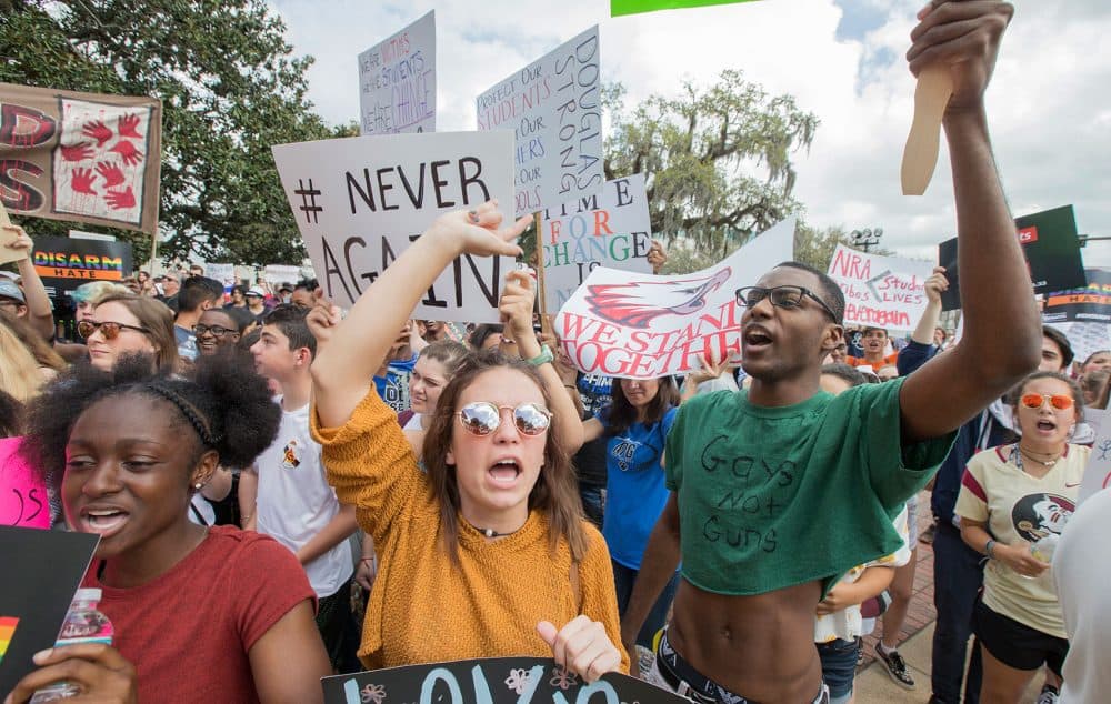 Therese Gachnauer, center, a 18 year old senior from Chiles High School and Kwane Gatlin, right, a 19 year old senior from Lincoln High School, both in Tallahassee, join fellow students protesting gun violence on the steps of the old Florida Capitol in Tallahassee, Fla., Wednesday, Feb. 21. (Mark Wallheiser/AP)