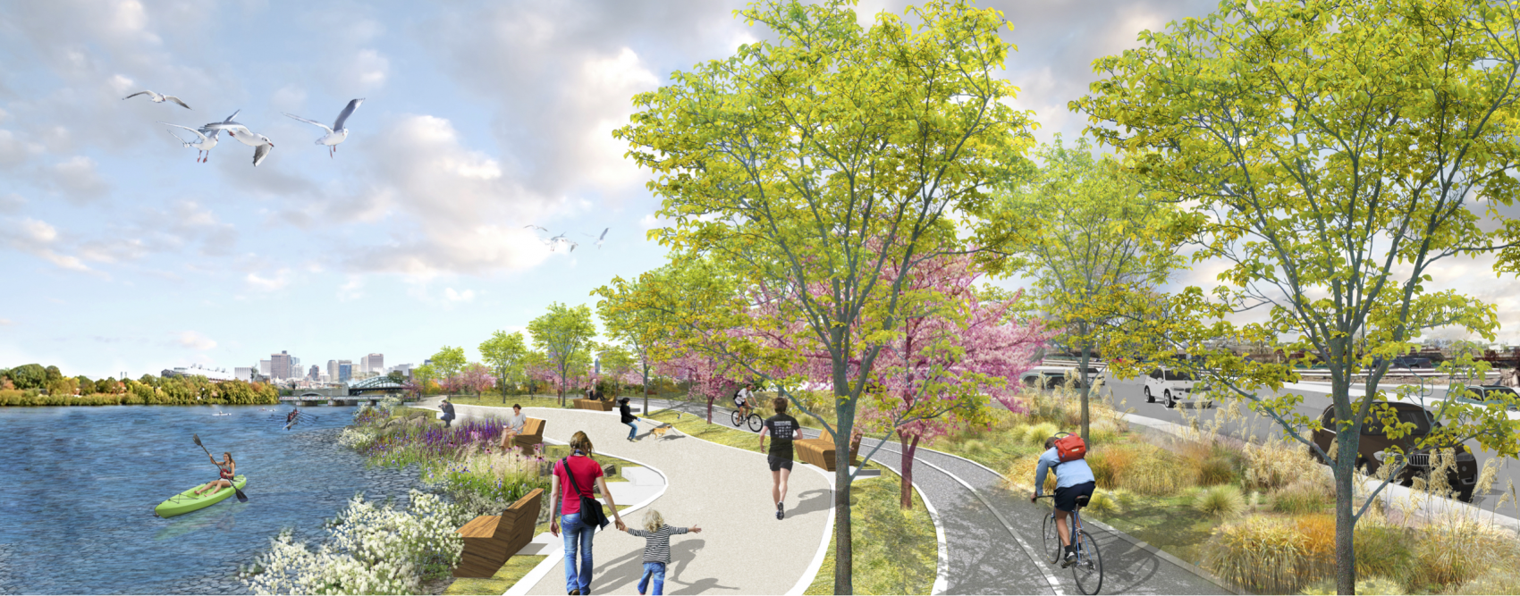 A rendering of the Charles River bank in Allston.
(Courtesy of WalkBoston and Charles River Conservancy. Drawings prepared by Sasaki.)