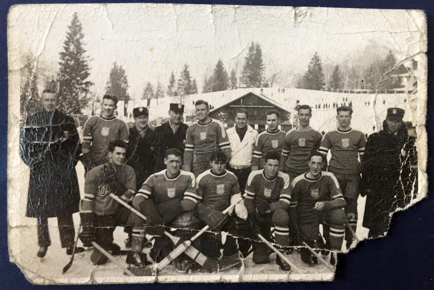 The 1936 U.S. Olympic hockey team in Germany. Francis Baker is third from the left in the front. Albert Prettyman is the fourth from the left in the back. (Courtesy Hamilton College)