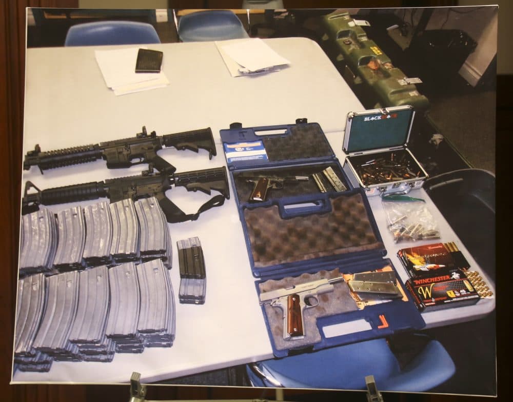A confiscated cache of weapons is displayed at a news conference in Los Angeles on Feb. 21. Authorities say they've thwarted a student's plot for a mass shooting at a Southern California high school. Authorities say a security guard at El Camino High School in Whittier overhead a "disgruntled student" threaten to open fire on the school on Friday, just two days after 17 people were gunned down at a Florida high school. Deputies discovered "multiple guns and ammunition" after searching the student's home. (Mike Balsamo/AP)