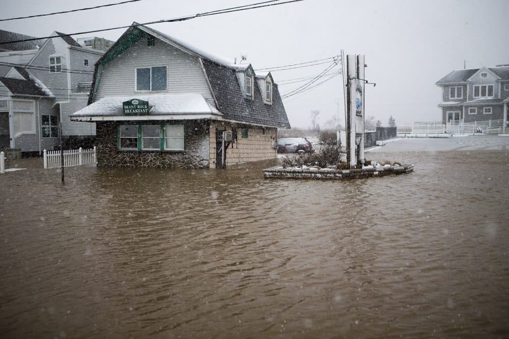 Floodwater rises in Marshfield during the nor'easter on March 13, 2018. (Jesse Costa/WBUR)