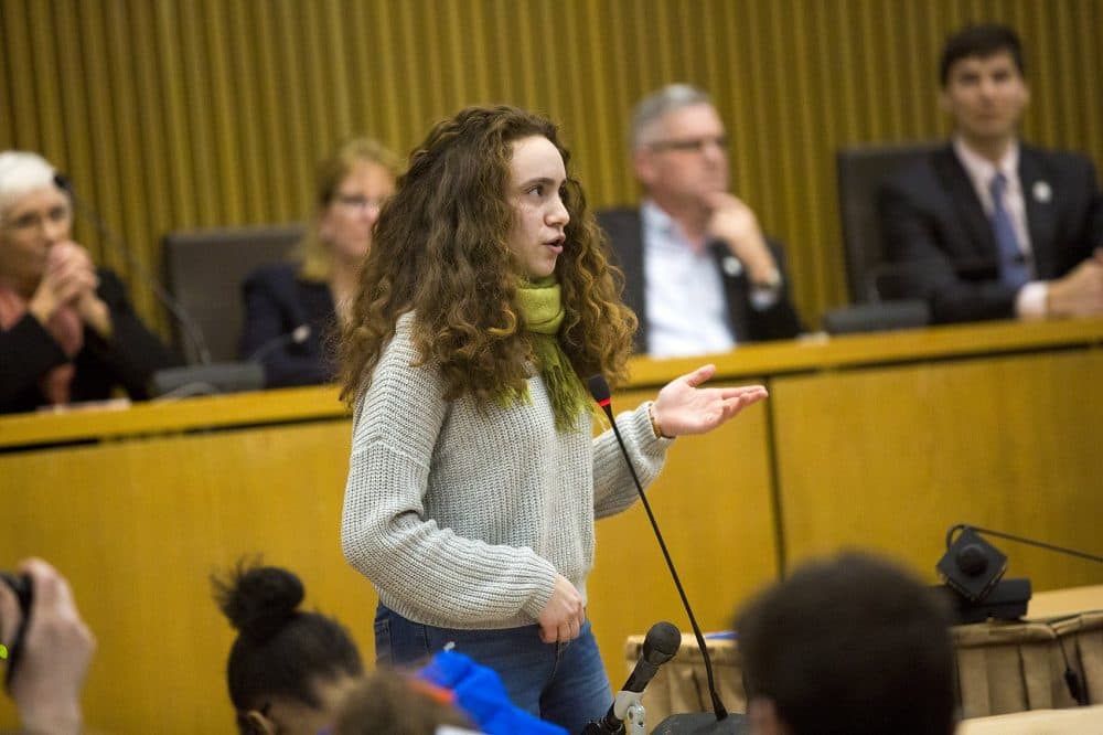 Evelyn Reyes, of Roxbury, speaks to lawmakers and fellow students at the State House demanding action against gun violence. (Jesse Costa/WBUR)