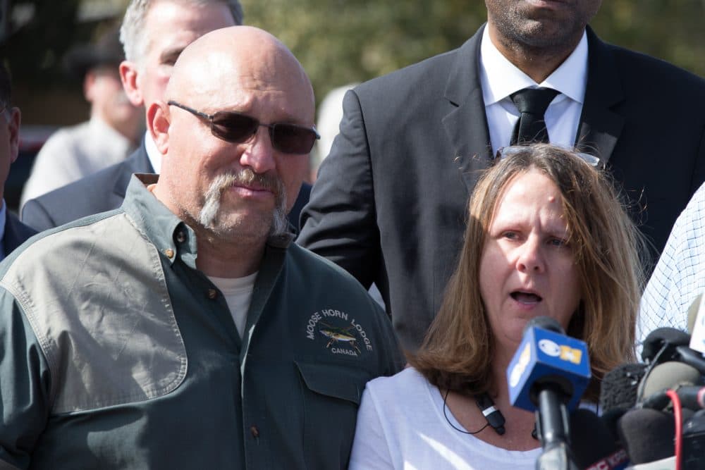 Pastor Frank Pomeroy and his wife Sherri speak at a press conference on Nov. 6, 2017 at the First Baptist Church in Sutherland Springs, Texas, following a mass shooting that left 26 people dead, including their 14-year-old daughter. (Suzanne Cordeiro/AFP/Getty Images)