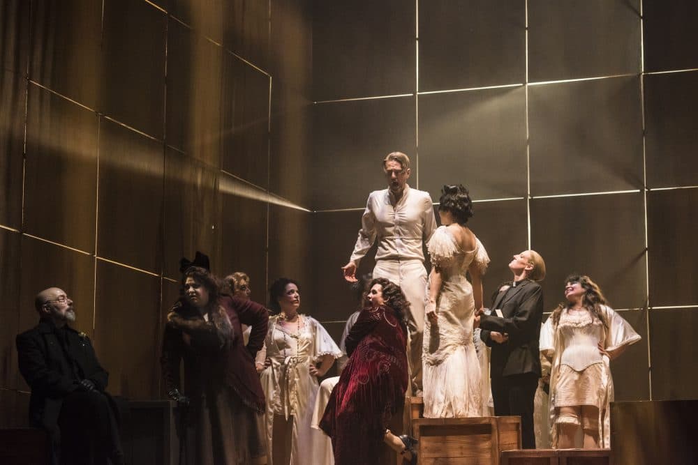 Christopher Burchett as Macheath (top) and the cast of Boston Lyric Opera's production of Weill and Brecht's "The Threepenny Opera." (Courtesy Liza Voll Photography)