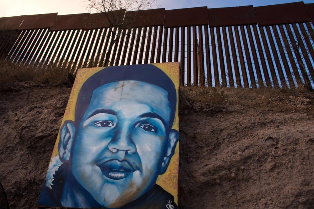 A portrait of Jose Antonio Elena Rodriguez is seen on the U.S.-Mexico border fence in Nogales, Mexico, on Feb. 16, 2017. (Guillermo Arias/AFP/Getty Images)
