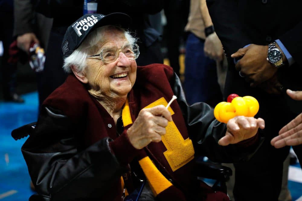 Sister Jean Dolores Schmidt celebrates with the Loyola Ramblers after defeating the Kansas State Wildcats during the 2018 NCAA men's basketball tournament at Philips Arena on March 24, 2018 in Atlanta. (Kevin C. Cox/Getty Images)