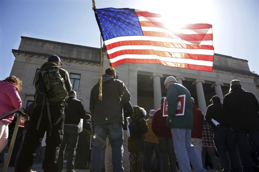 A group of Second Amendment advocates gather in opposition to about a half-dozen gun control bills on Monday, March 26, 2018, outside the War Memorial near the Statehouse in Trenton, N.J. (Mel Evans/AP)