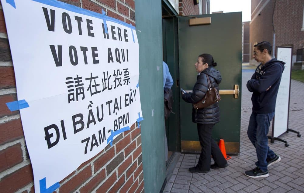 Voters in line outside East Boston High School. (Robin Lubbock/WBUR)