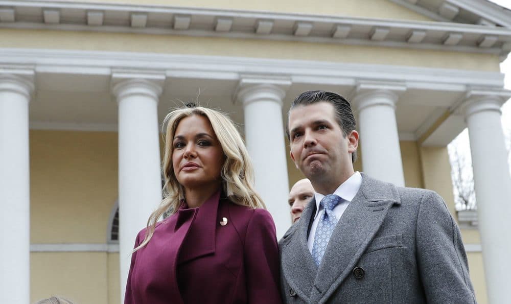 Vanessa Trump and Donald Trump Jr. walk out together after attending church service at St. John's Episcopal Church across from the White House in Washington. (Pablo Martinez Monsivais/AP)