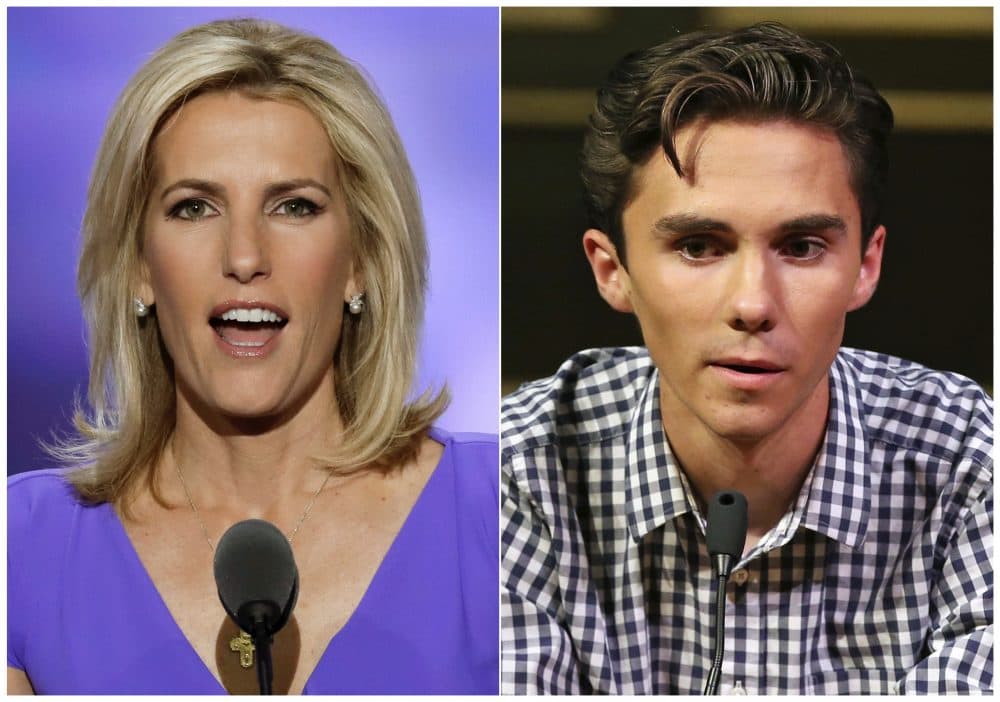 Fox News personality Laura Ingraham speaks at the Republican National Convention in Cleveland on July 20, 2016, left, and David Hogg, a student survivor from Marjory Stoneman Douglas High School in Parkland, Fla., speaks at a rally for common sense gun legislation in Livingston, N.J. on Feb. 25, 2018. Some big name advertisers are dropping Ingraham after she publicly criticized Hogg, a student at Marjory Stoneman Douglas school on social media. The online home goods store Wayfair, travel website TripAdvisor and Rachel Ray’s dog food Nutrish all said they are removing their support from Ingraham. (J. Scott Applewhite, left, and Rich Schultz/AP)