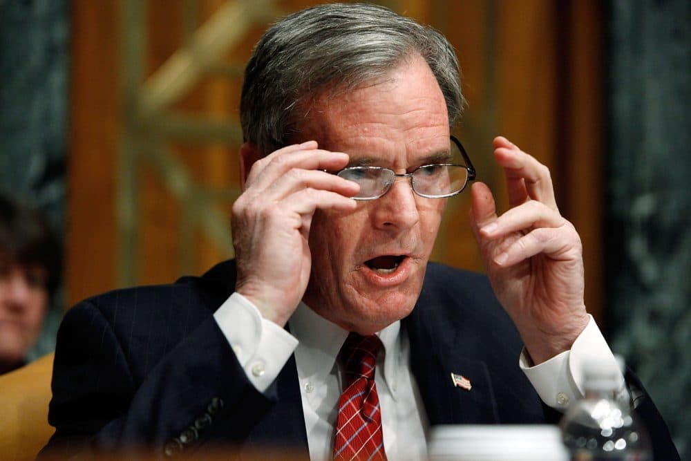 Then-Senate Budget Committee ranking member Sen. Judd Gregg (R-N.H.) raises his voice while questioning White House Office of Management and Budget Director Peter Orszag about the Obama administration's FY2011 budget on Capitol Hill on Feb. 2, 2010 in Washington, D.C. (Chip Somodevilla/Getty Images)