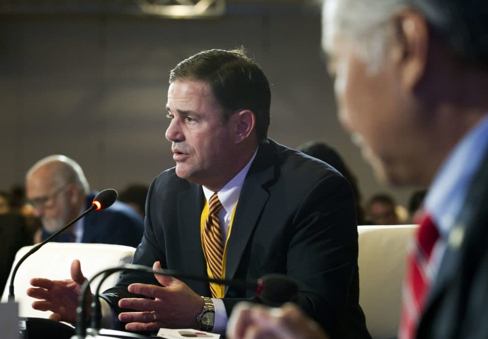 Arizona Gov. Doug Ducey speaks at the panel Pathways to Prosperity during the National Governor Association winter meeting on Sunday, Feb. 25, 2018, in Washington. (AP Photo/Jose Luis Magana)