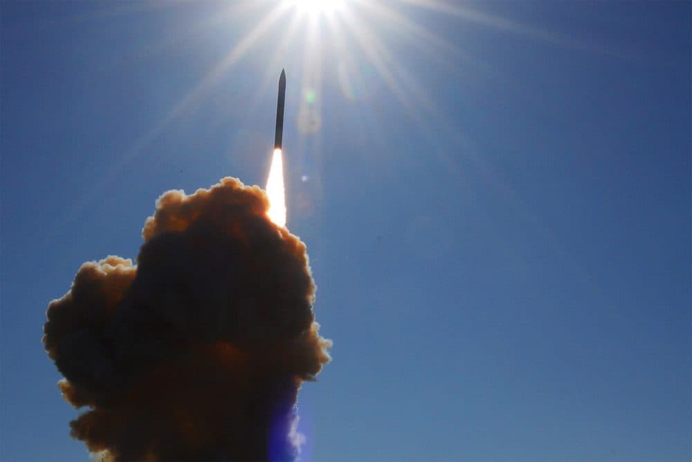 A ground-based interceptor missile lifts off from Vandenberg Air Force Base in California, as part of a test of the Ballistic Missile Defense System. (Courtesy Joe Davila/U.S. Air Force)