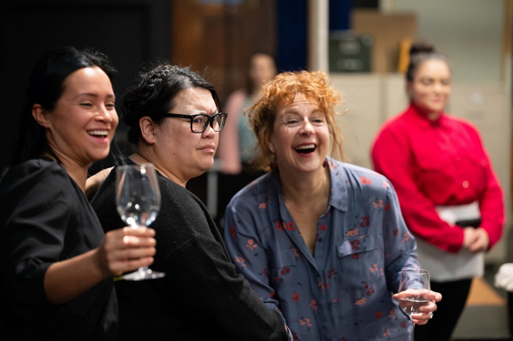 Carmen Zilles, Carmen M. Herlihy, Paula Plum and Kiara Pichardo during a rehearsal for "Top Girls." (Courtesy Mike Ritter/Huntington Theatre Company)