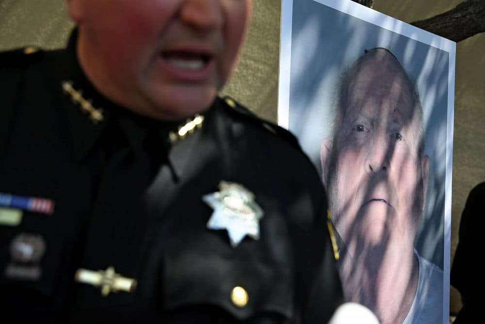 A photo of accused rapist and killer Joseph James DeAngelo is displayed during a news conference on April 24, 2018 in Sacramento, Calif. Sacramento District Attorney Anne Marie Schubert was joined by law enforcement officials from across California to announce the arrest of the 72-year-old DeAngelo, who is believed to be the "Golden State Killer" who killed at least 12, raped over 45 people and burglarized hundreds of homes throughout California in the 1970s and '80s. (Justin Sullivan/Getty Images)