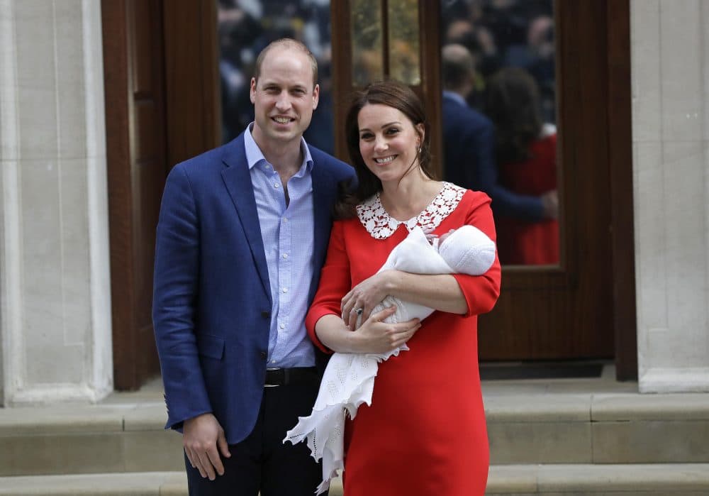 In this Monday, April 23, 2018 photo, Britain's Prince William and Kate, Duchess of Cambridge, pose for a photo with their newborn baby son as they leave the Lindo wing at St Mary's Hospital in London. Britain's royal palace said Friday April 27, 2018, the infant son of the Duke and Duchess of Cambridge has been named Louis Arthur Charles. (Kirsty Wigglesworth/AP)