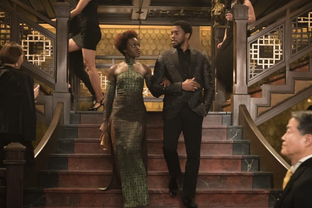 This image released by Disney-Marvel Studios shows, from left, Lupita Nyong'o and Chadwick Boseman in a scene from 