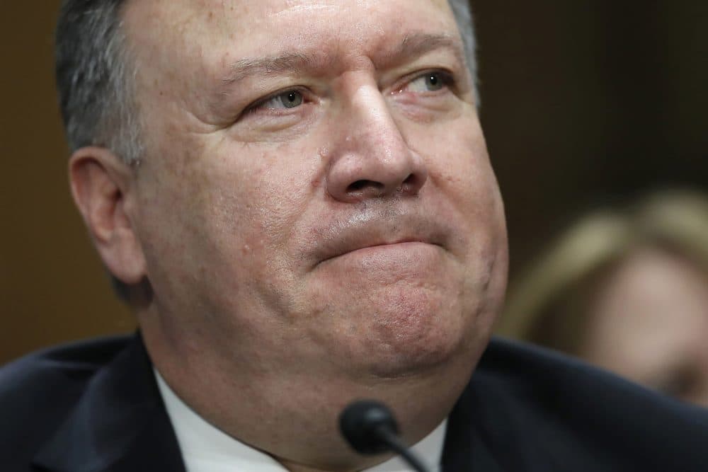 Secretary of State-designate Mike Pompeo pauses while speaking during the Senate Foreign Relations Committee hearing on confirmation Thursday, April 12, 2018, on Capitol Hill in Washington. (AP Photo/Alex Brandon)
