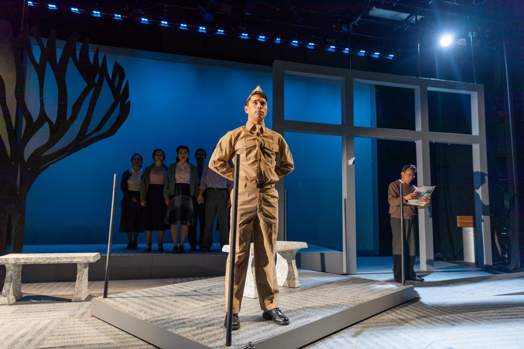Sam Tanabe as Sammy Kimura (left) and Ron Domingo as Tatsuo Kimura in SpeakEasy Stage Company's production of "Allegiance." (Courtesy Nile Scott Studios)